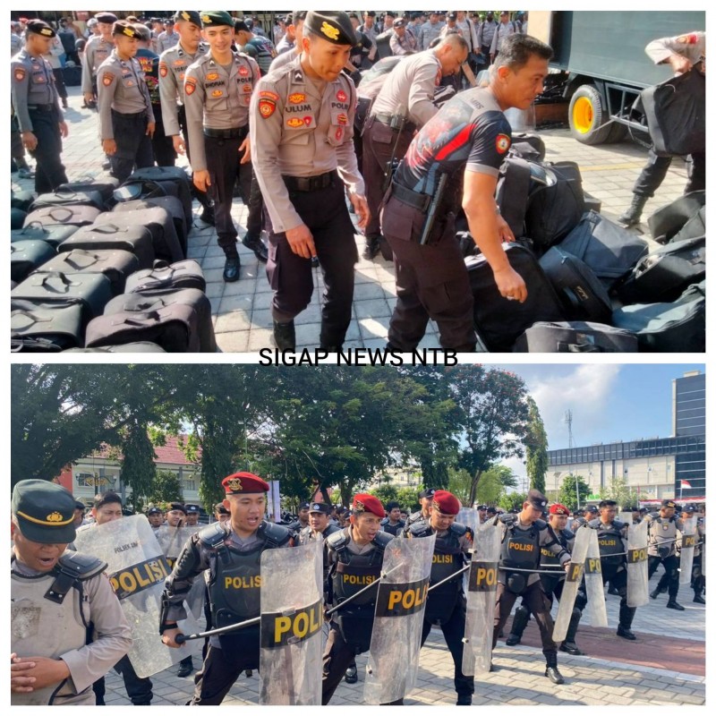 Foto Kesiapan 321 Personil Polresta Mataram dalam Mengamankan Pilkada 2024 dengan Peralatan Dalmas pada Rabu (18/09/2024) di Lapangan Mapolresta Mataram (Sumber: Humas Polresta Mataram)